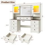 jiteentarou 60" Large Farmhouse Vanity Desk with LED Mirror, Lights and Charging Station, Glass Top Makeup Vanity Table w/8 Drawers, LED Glass Storage Cabinet, Dressing Table for Bedroom, Rustic White jiteentarou