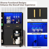 Kitchen Pantry Storage Cabinet with Charging Station and LED Lights, Freestanding Buffet Cabinet with Wine Glass Holder,Kitchen Hutch Cabinet with Rotation 4-Tier Storage Rack for Kitchen(Black) Gyfimoie