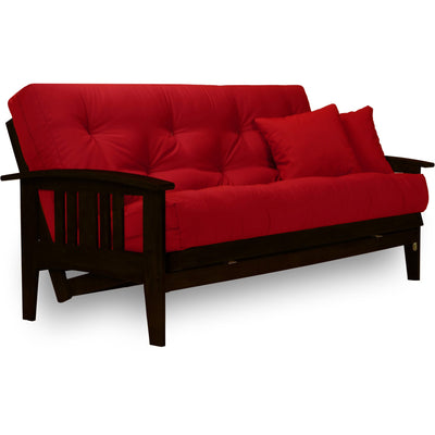 Nirvana Futons Westfield Complete Futon Set - Espresso Finish (Warm Black) - Full or Queen Size, Mission Style Wood Futon Frame with Mattress Included (Twill Red), More Mattress Colors Available