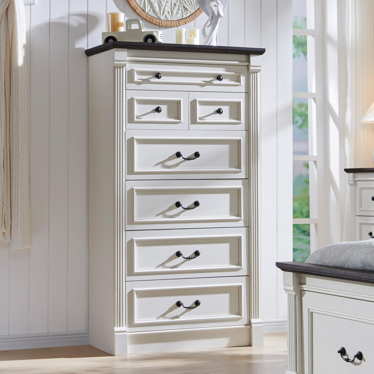 Aitjunz Farmhouse 7 Drawers Dresser for Bedroom, 57" Tall Large Dressers & Chests of Drawers w/Roman Column, Storage Dressers Organizer for Bedroom, Hallway, Living Room, White Aitjunz