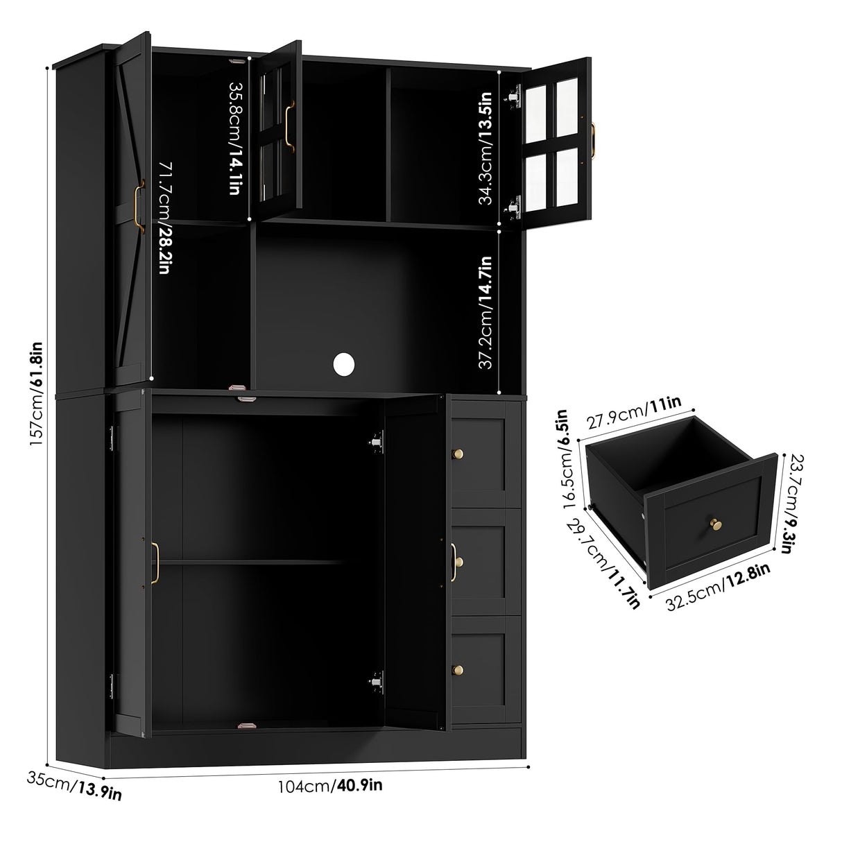 FINETONES Farmhouse Pantry Cabinet, Kitchen Pantry Storage Cabinet with Microwave Stand, Ktichen Hutch Food Pantry Cabinet with Open Countertop and Adjustable Shelf for Kitchen Dining Room, Black FINETONES