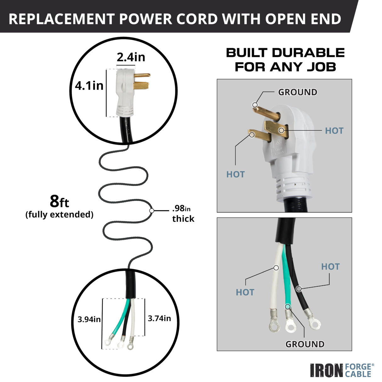 Iron Forge Cable NEMA 6-50 EV Replacement Extension Cord 8 ft with Open End, 50 Amp Power Cord with Eyelet 3 Wire 6/3 Gauge Cord - STW 250V for Level 2 EV Charger & Welder UL Certified IRON FORGE CABLE