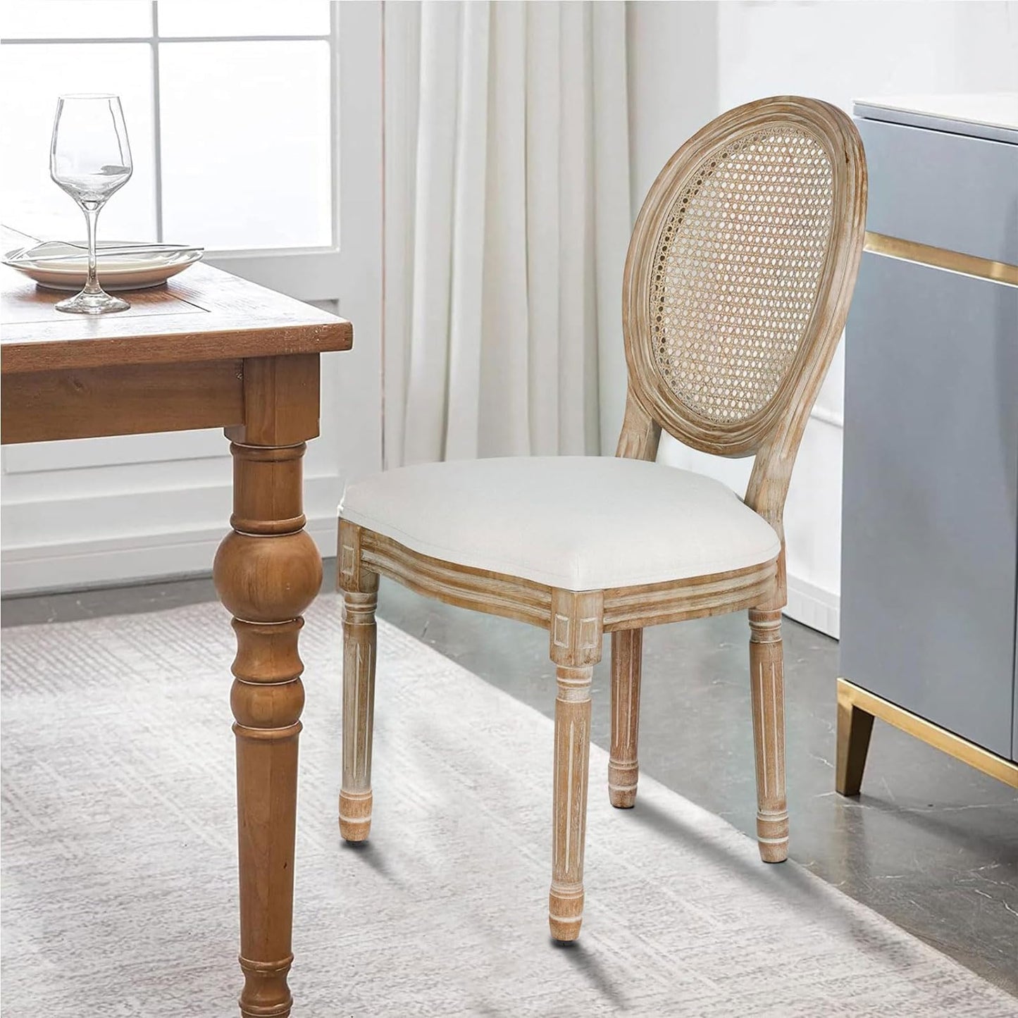 Polar Aurora Dining Chairs Set of 4 Beige Rattan Round Back with Solid Wood Legs and Frame for French Country Kitchen Dining Room