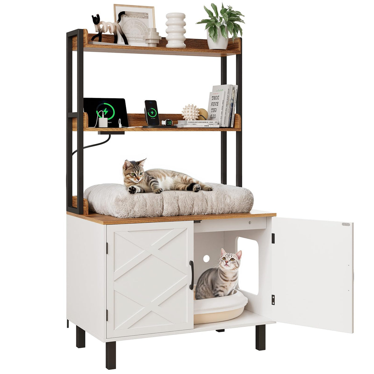 ONBRILL 55 Inches Cat Litter Box Enclosure, Hidden Litter Box Furniture with 2 Storage Shelves and Charging Sockets, Wooden Cat House, Large Indoor Cabinet for Livingroom & Entryway, White ONBRILL