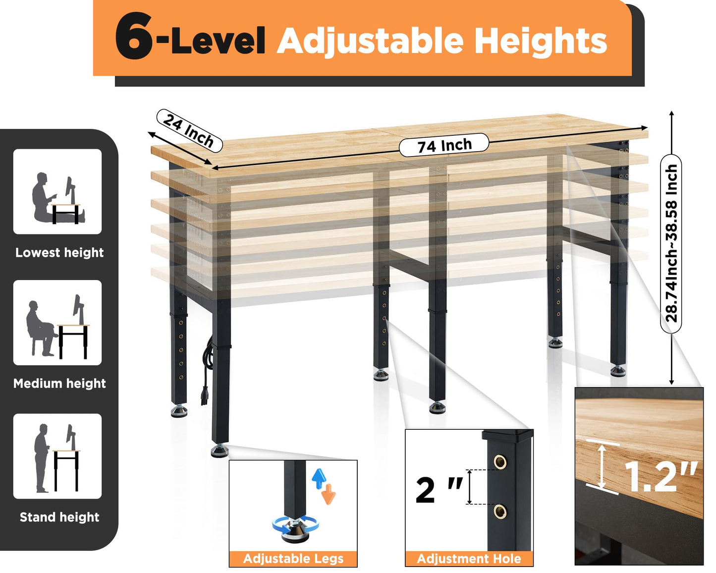 Albott 72x24“ Adjustable Workbench 28.7-38.6" Height, Rubber Wood Top Heavy Duty Workbench with Power Outlets & Hooks, 5000 LB Capacity Workbench for Garage, Workshop, Home & Office - WoodArtSupply