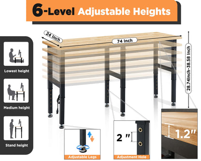 Albott 72x24“ Adjustable Workbench 28.7-38.6" Height, Rubber Wood Top Heavy Duty Workbench with Power Outlets & Hooks, 5000 LB Capacity Workbench for Garage, Workshop, Home & Office - WoodArtSupply