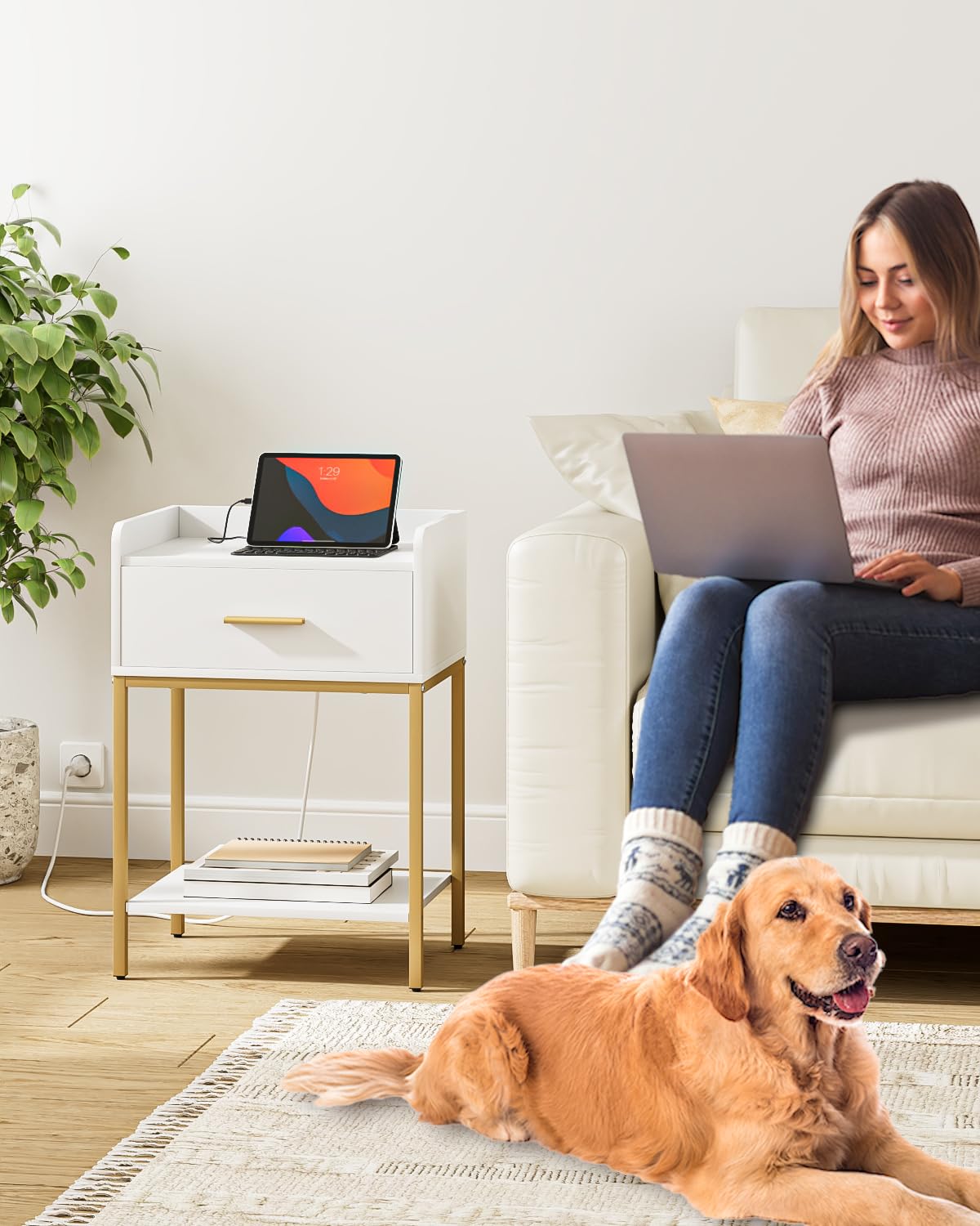 AEPOALUA Nightstand with Charging Station,Bedside Table with Drawer and 2 Shelf Storage, Small Side Table, Modern White Night Stand, Tall End Table for Bedroom, Living Room (White-Gold Legs) AEPOALUA
