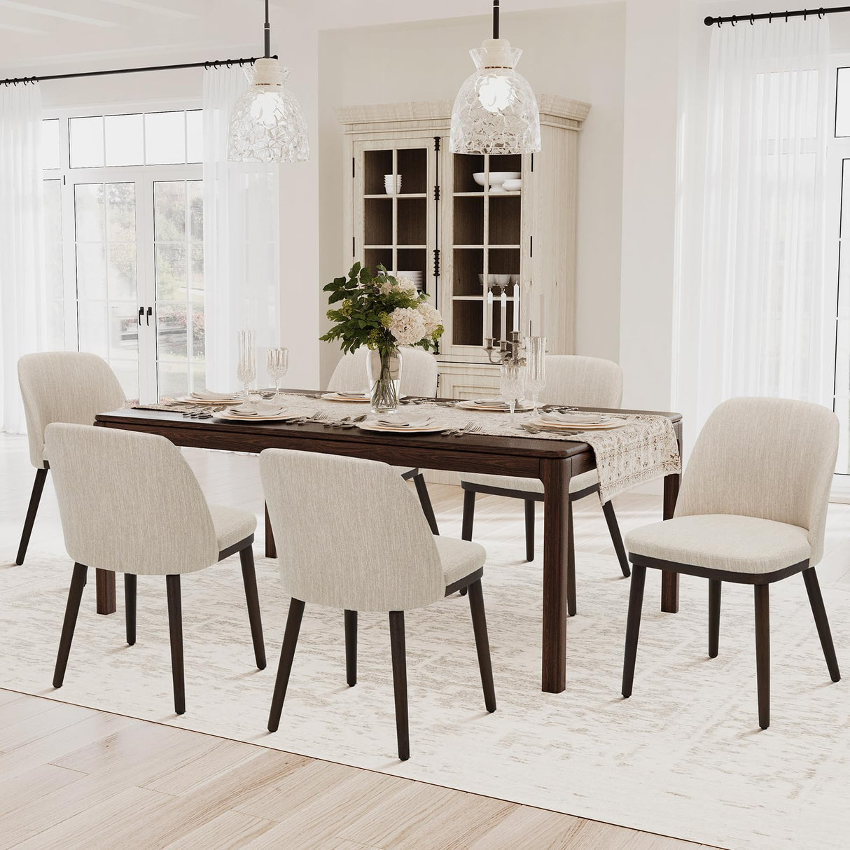 COLAMY Upholstered Dining Chairs Set of 6, Modern Kitchen Chairs with Back, Fabric Side Chair with Wood Legs for Dining Room Kitchen Restaurant, Beige COLAMY