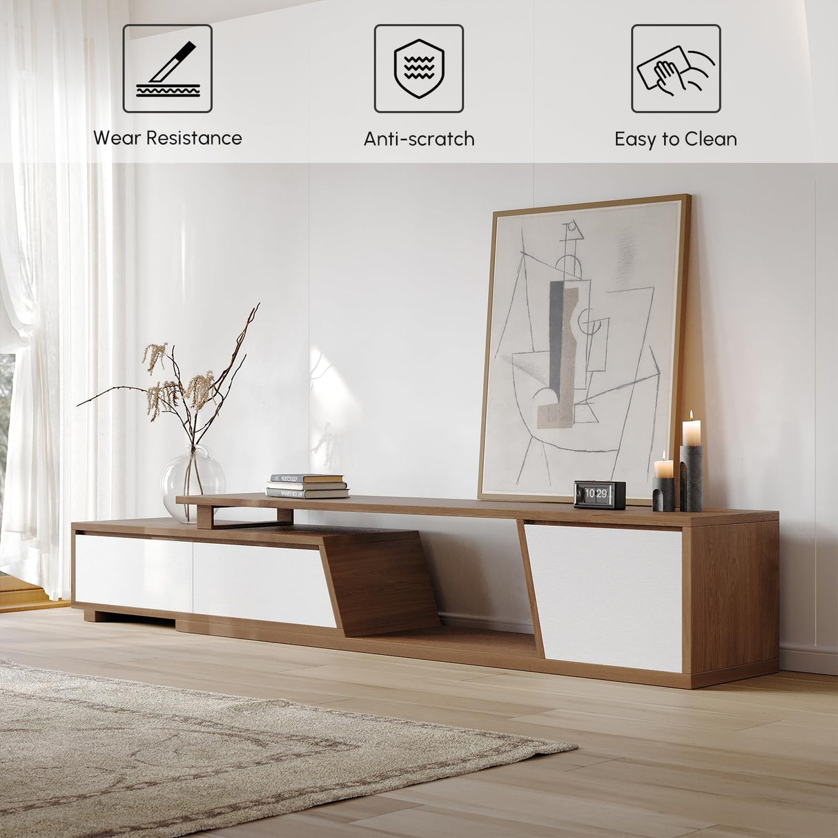 homary Extendable TV Stand with 3 Drawers Minimalist Rectangle Entertainment Center Walnut TV Console Table Up to 110" (Extendable: 70.9”W-110.2”W) (White & Walnut) homary