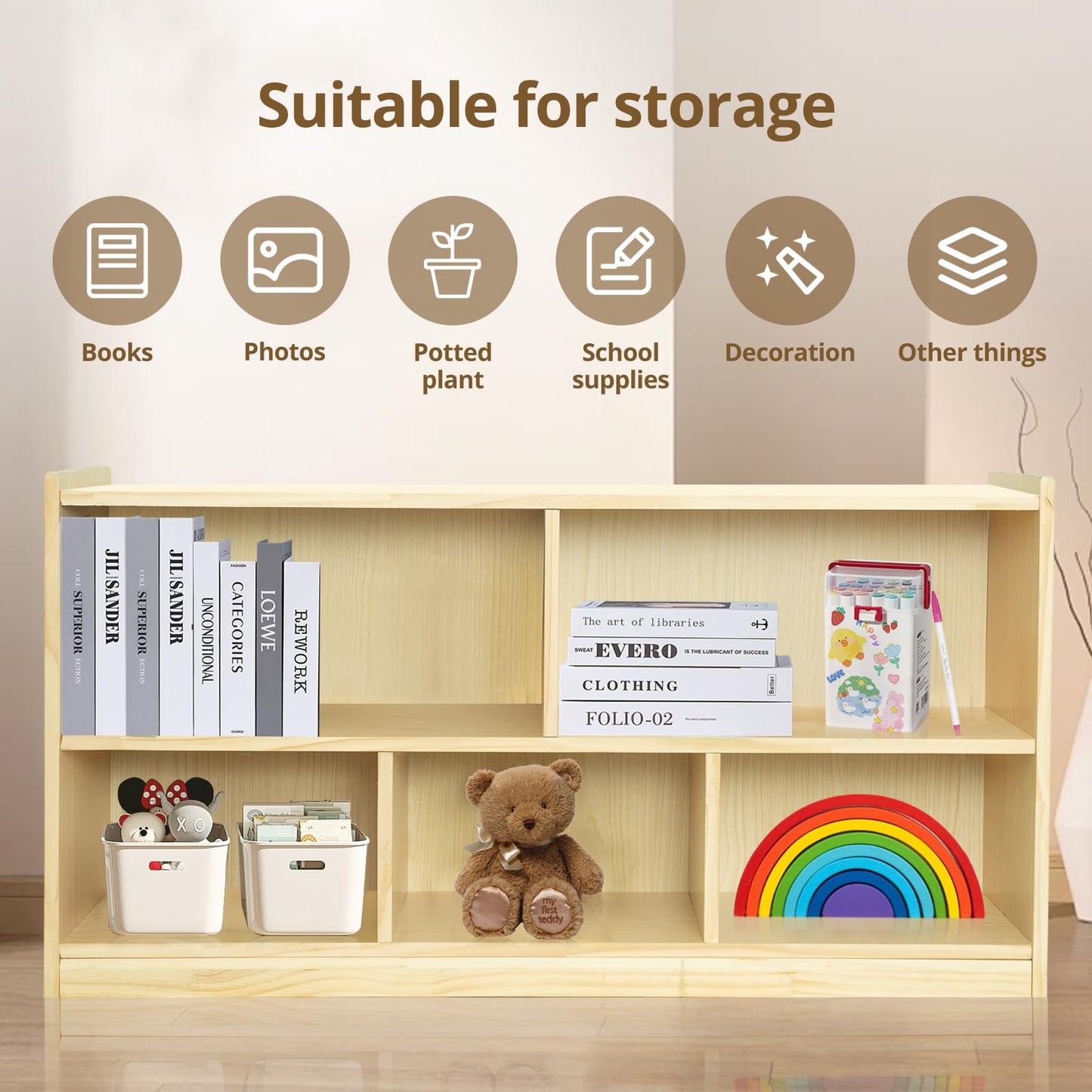 KOALA DIARY 2-Tier Montessori Wooden Storage Cabinet with 5 Compartments for Kids' Toys and Books - WoodArtSupply