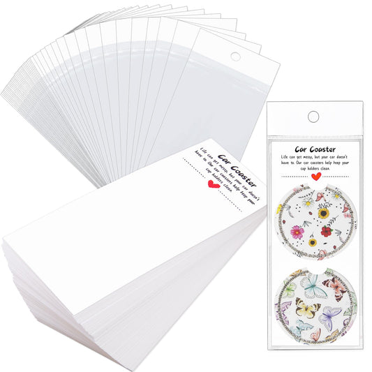 Potanro Car Coaster Packaging for Selling 100 PCS Sublimation Car Coasters Car Coaster Display Cards and Bag White Cards 6.8 x 2.9 Inch Self-Seal Bags Blanks Sublimation Blanks Bulk (White)