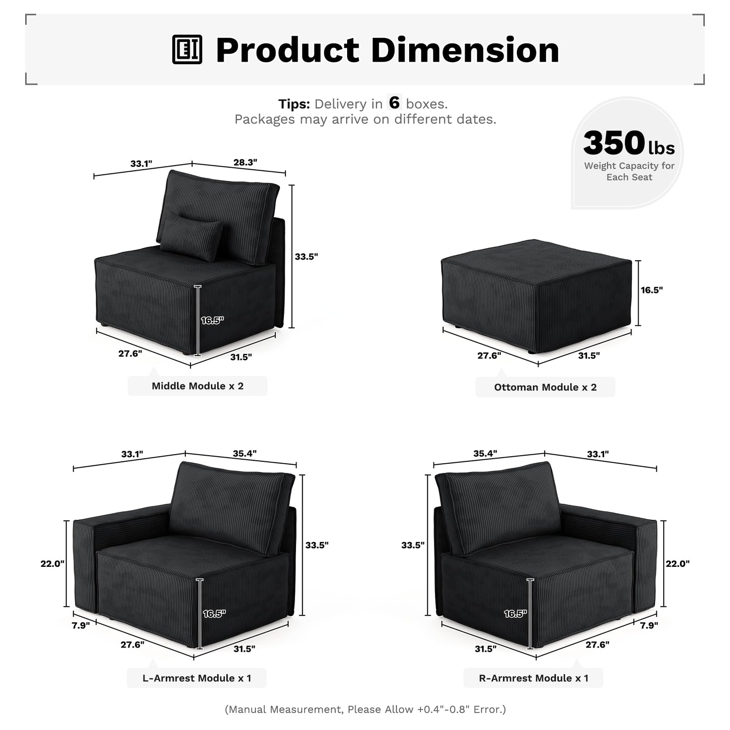 ovios Modular Sectional Sofa Couch, L-Shaped Minimalist Couches with 2 Ottomans Chaise, Comfy Deep Seat Cloud Plush Corduroy Living Room Sofas Set, 6 Seat Large Cushions, Black