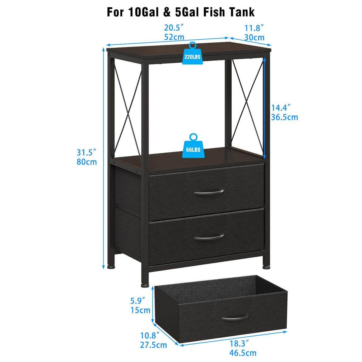 Welfuturer Aquarium Stand 10 Gallon with 2-Tier Shelf, Fish Tanks Stand with 2 Drawers, Metal Frame Heavy Duty Reptile/Turtle Tank Stand for Home Office, Fish Tanks Accessories Storage, Black Welfuturer