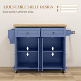 HOMCOM Kitchen Island on Wheels, Rolling Cart with Rubberwood Top, Spice Rack, Towel Rack and Drawers for Dining Room, Navy Blue HOMCOM