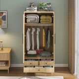 Fsbecl Armoire Wardrobe Closet with Drawers and 2 Fluted Doors 64.96 in Farmhouse Closet Wardrobe Cabinet with Hanging Rod Freestanding Wooden Bedroom Armoire Storage Cabinet with Shelf (Wood Color) Fsbecl