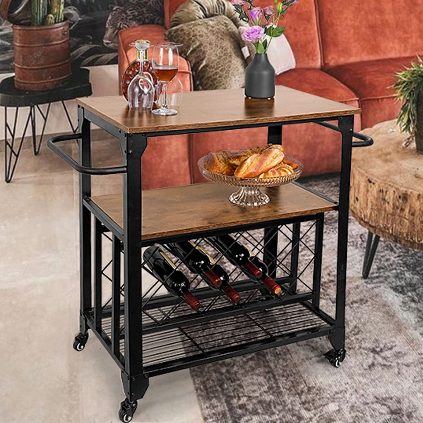 WAYTRIM Bar Cart, 3 Tier Home Freely Rolling with Wheels, Industrial Vintage Style Wood Metal Serving Trolley Kitchen Serving Cart with Rack and Cup Holder, for Dining Rooms, Garden, Bar