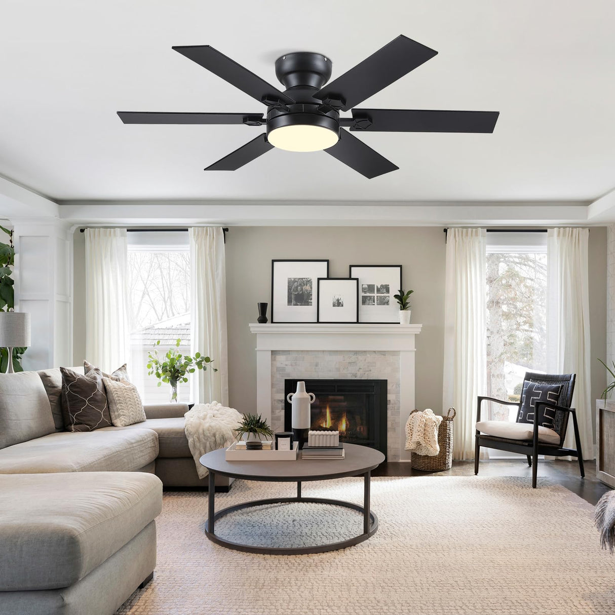 Goniyado 46" Low Profile Ceiling Fans with Lights and Remote,Black Outdoor Ceiling Fans with Quiet Reversible DC Motor, Modern Flush Mount Ceiling Fans for Living Room Patio Kitchen Goniyado