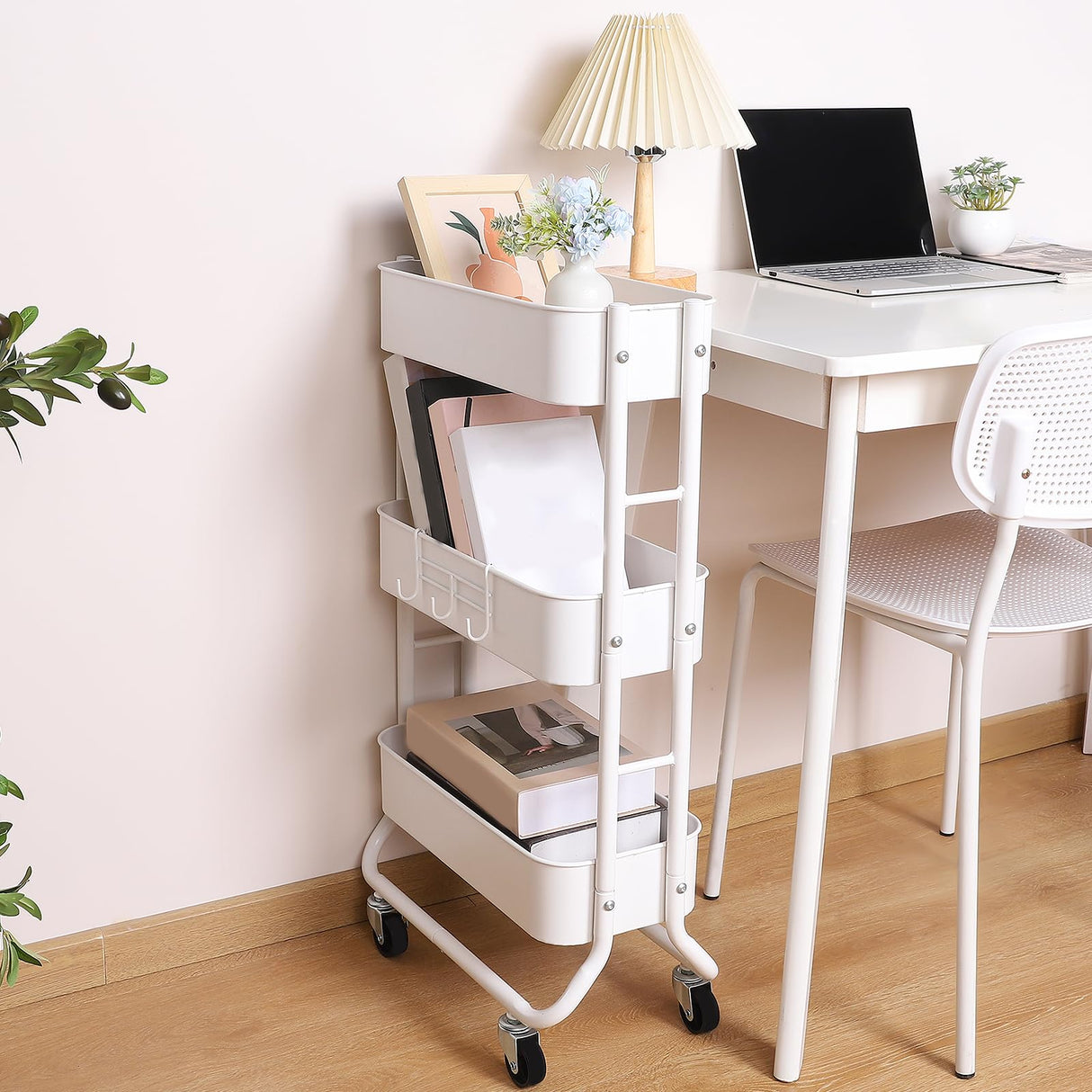 MAX Houser Slim 3-Tier Rolling Utility Cart, Narrow Metal Bathroom Storage Multifunctional Organizer Carts with Wheels with Extra Hook, Laundry Room,Kitchen,Small Space(White) MAX Houser