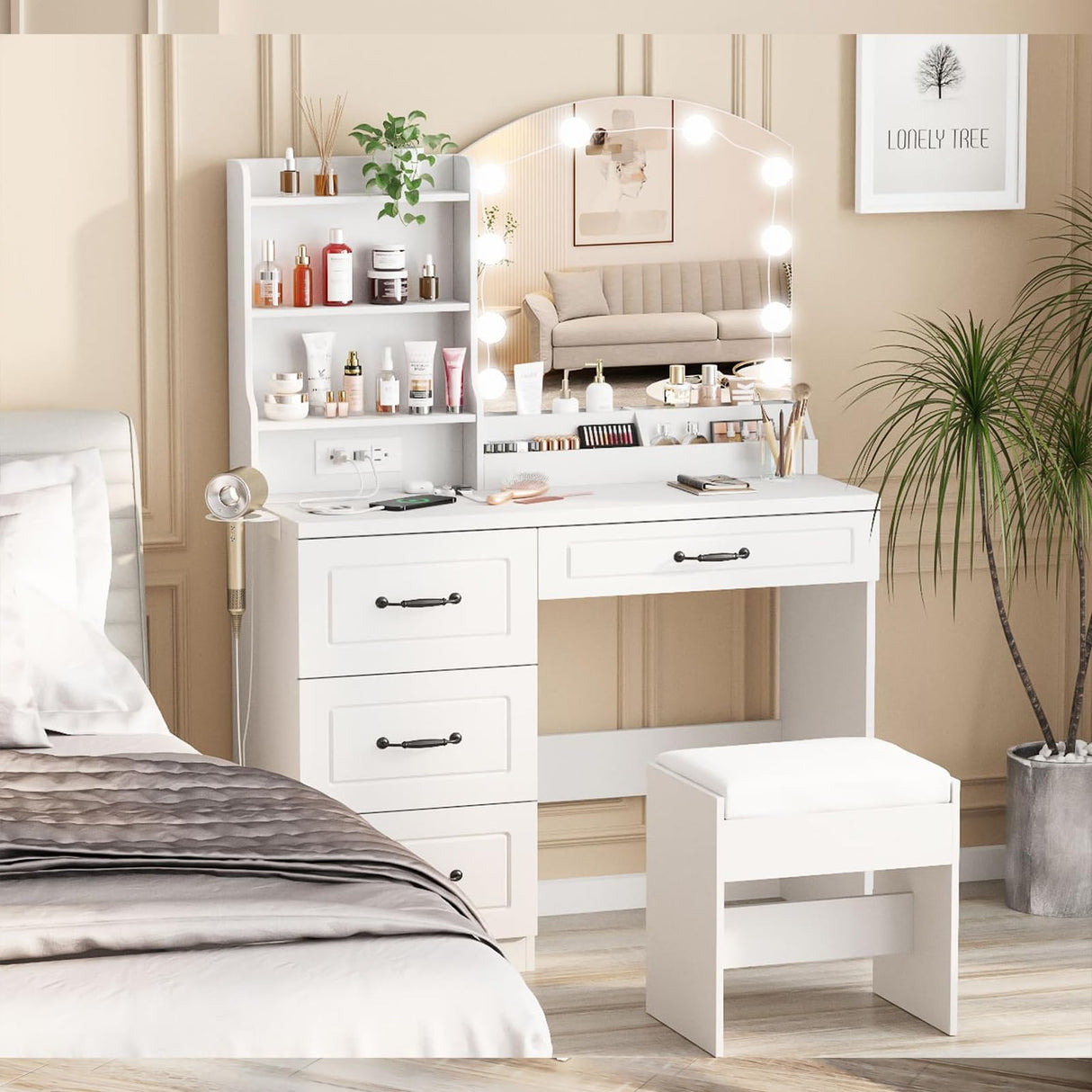 Vabches Makeup Vanity Desk with Lights and Charging Station, White Vanity Set Makeup Table with 4 Drawers Lots Storage, 3 Lighting Colors, Large Size 39.4in(W) Vabches