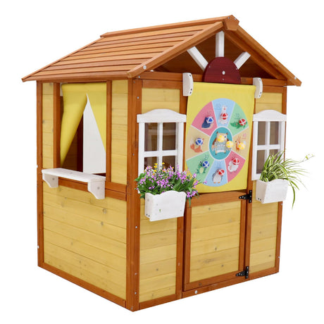 Outdoor Playhouse for Age 3-6 Years Boys Girls, Wood Cottage Playhouse w/Door Windows Flowerpot Holders Blackboard & Serving Station, Boys Girls Wood Play House for Outdoor Garden Lawn Patio Yard AOCOROE