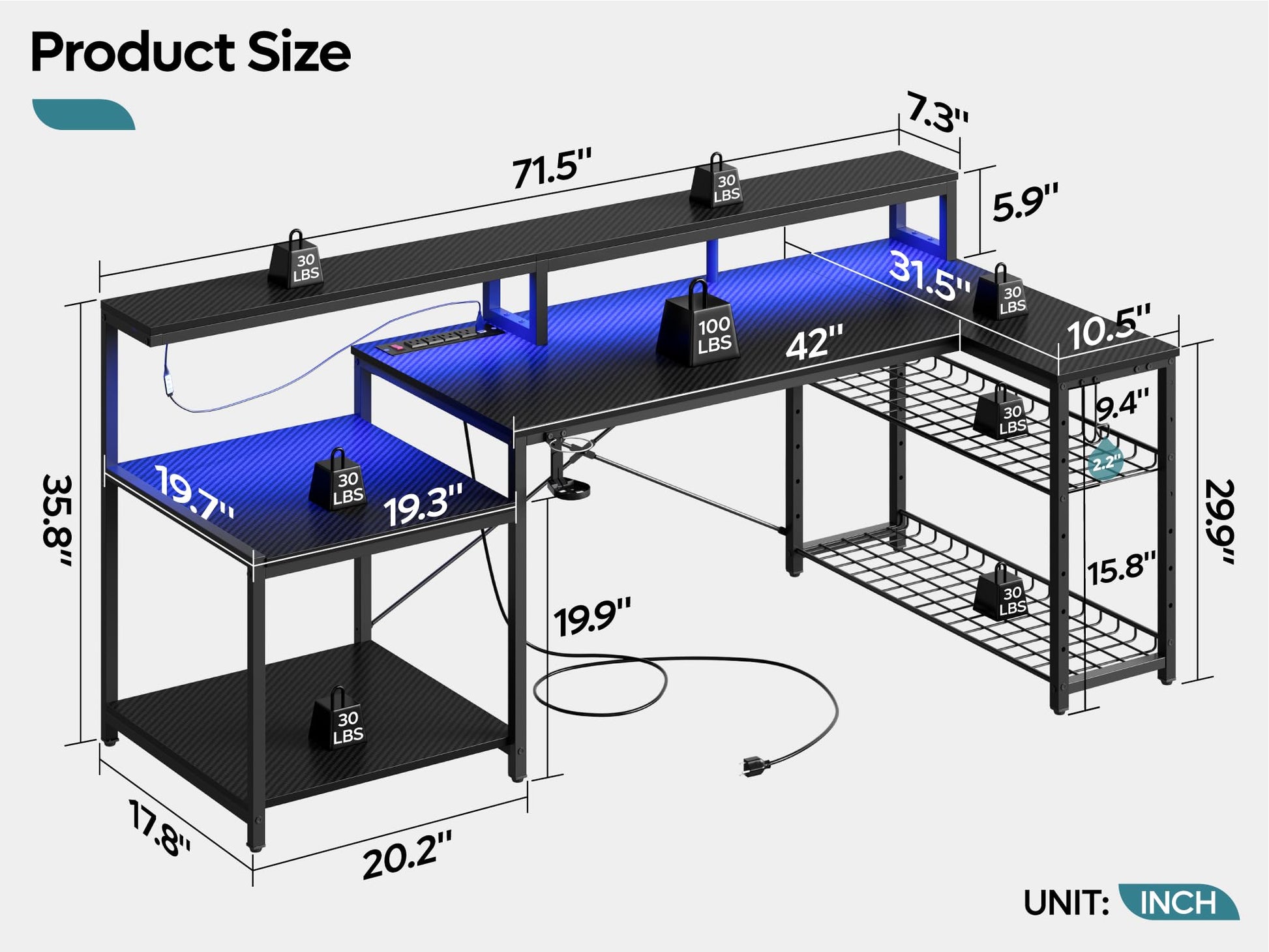 Bestier Gaming Desk with Power Outlet, 71.5 inch LED Computer Desk with Monitor Stand, L Shaped Large Desk with Metal Shelf, Cup Holder & Headset Hooks, Corner Desk for Bedroom 3D Carbon Fibe - WoodArtSupply