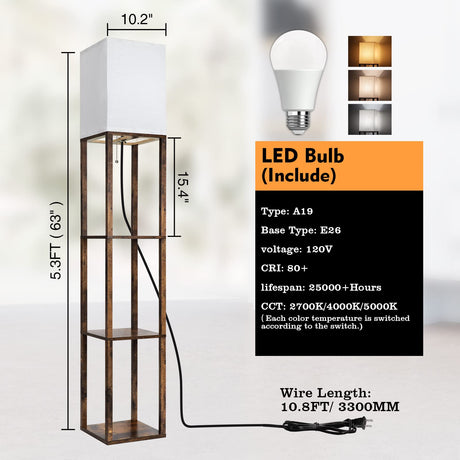 RUNTOP Floor Lamp with Shelves, Modern Shelf Lamp for Display Storage, 3 Color Temperature Wood Narrow Standing Corner Lamp with 8W Bulb for Living Room Decor, Bedroom, Office, Home Decor(Brown) RUNTOP