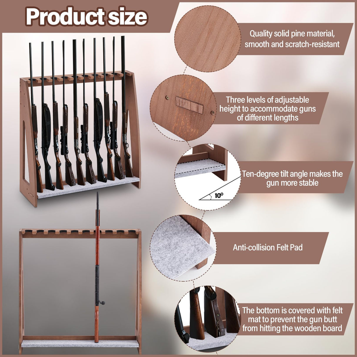 Yousoontic Indoor Gun Racks Freestanding Rifle Racks Gun Display Stand with Soft Padding Safe Heavy Duty Gun Storage for Cabinet Holder Accessories (Walnut,31.5 x 31.1 x 10.6 Inches) Yousoontic