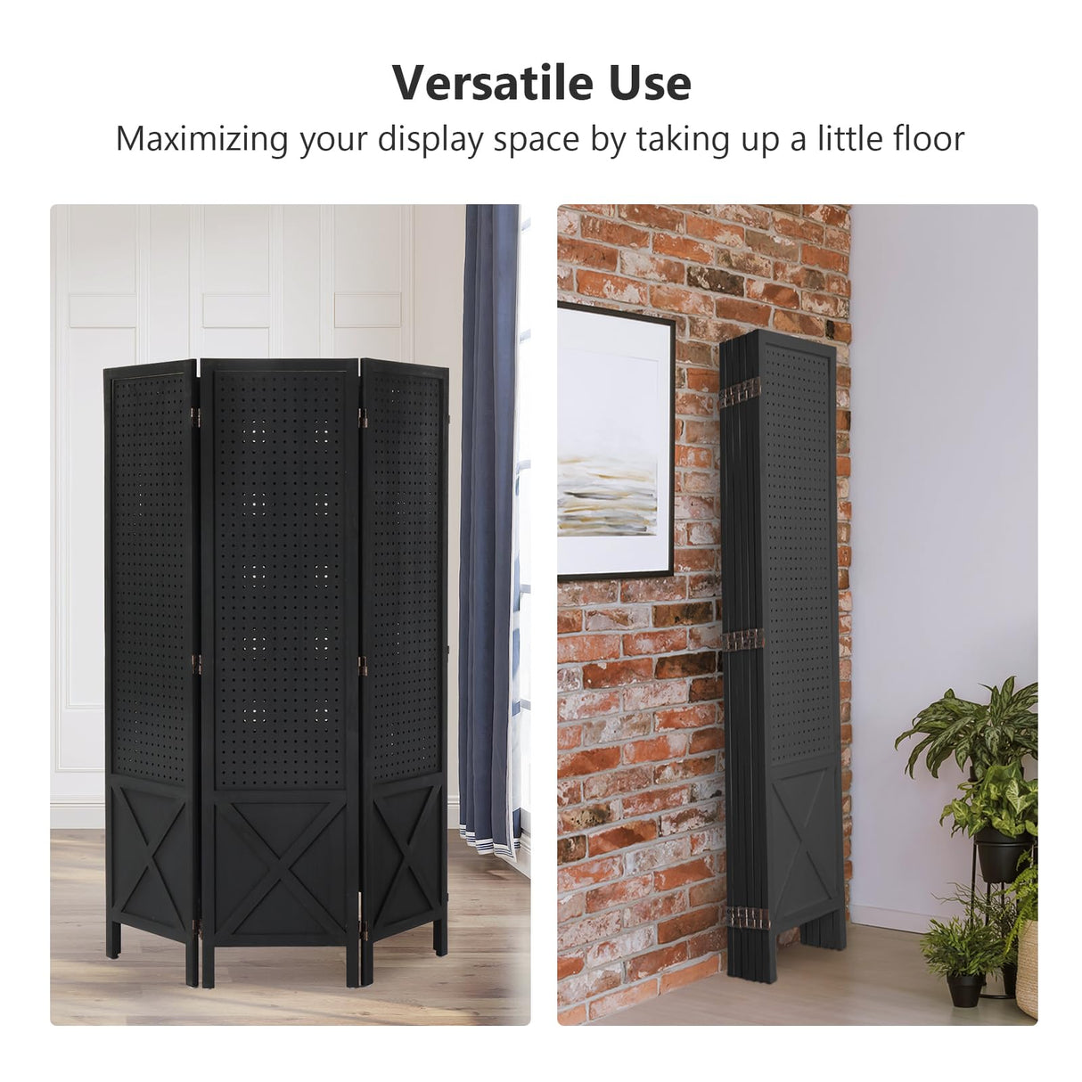 VINGLI Freestanding Pegboard with Support Feet, 5 FT Wood Room Divider Display Board Organizer, Folding Privacy Screen Partition Space Separator for Craft Shows Events Retail (Black, 6 Panel) VINGLI