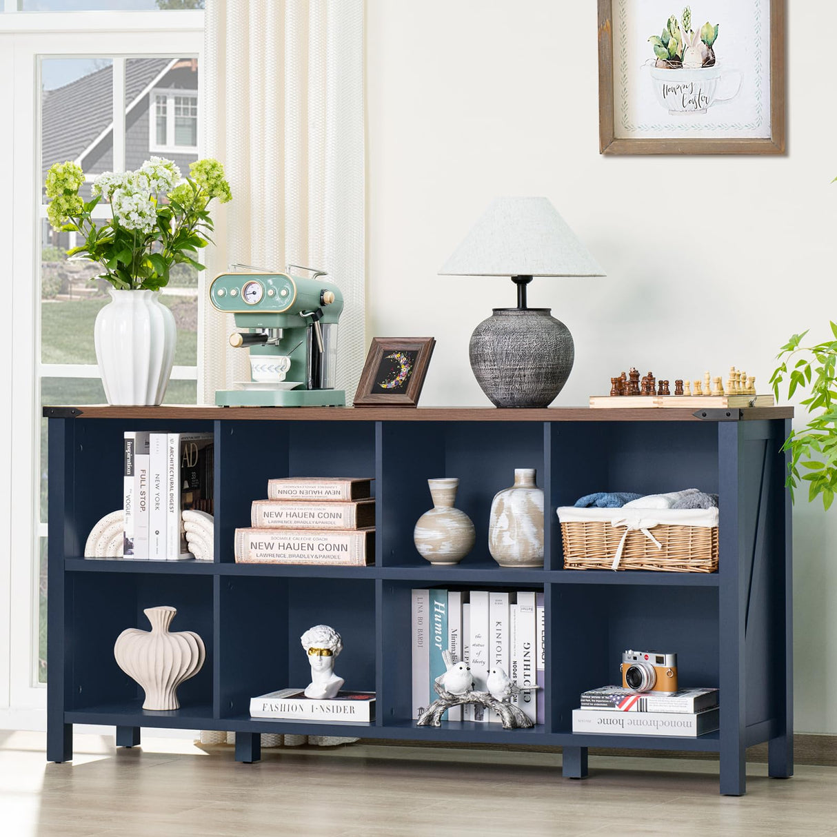 Joaxswe 8 Cube Book Shelf, Farmhouse Wood Long Storage Organizer Bookcase, 62" Horizontal Navy Blue Console Closet Bookshelf, Hallway TV Stand for Entryway, Display Cabinet Book Case for Living Room Joaxswe