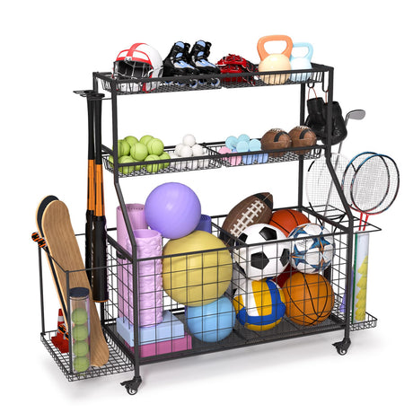 DreamPine Sports Equipment Organizer, Outdoor Toy Storage - Garage Storage with 2 Side Racks & Removable Baskets, Heavy-Duty Garage Organization Ball Cart with Wheels for Toys, Sports Gear DreamPine