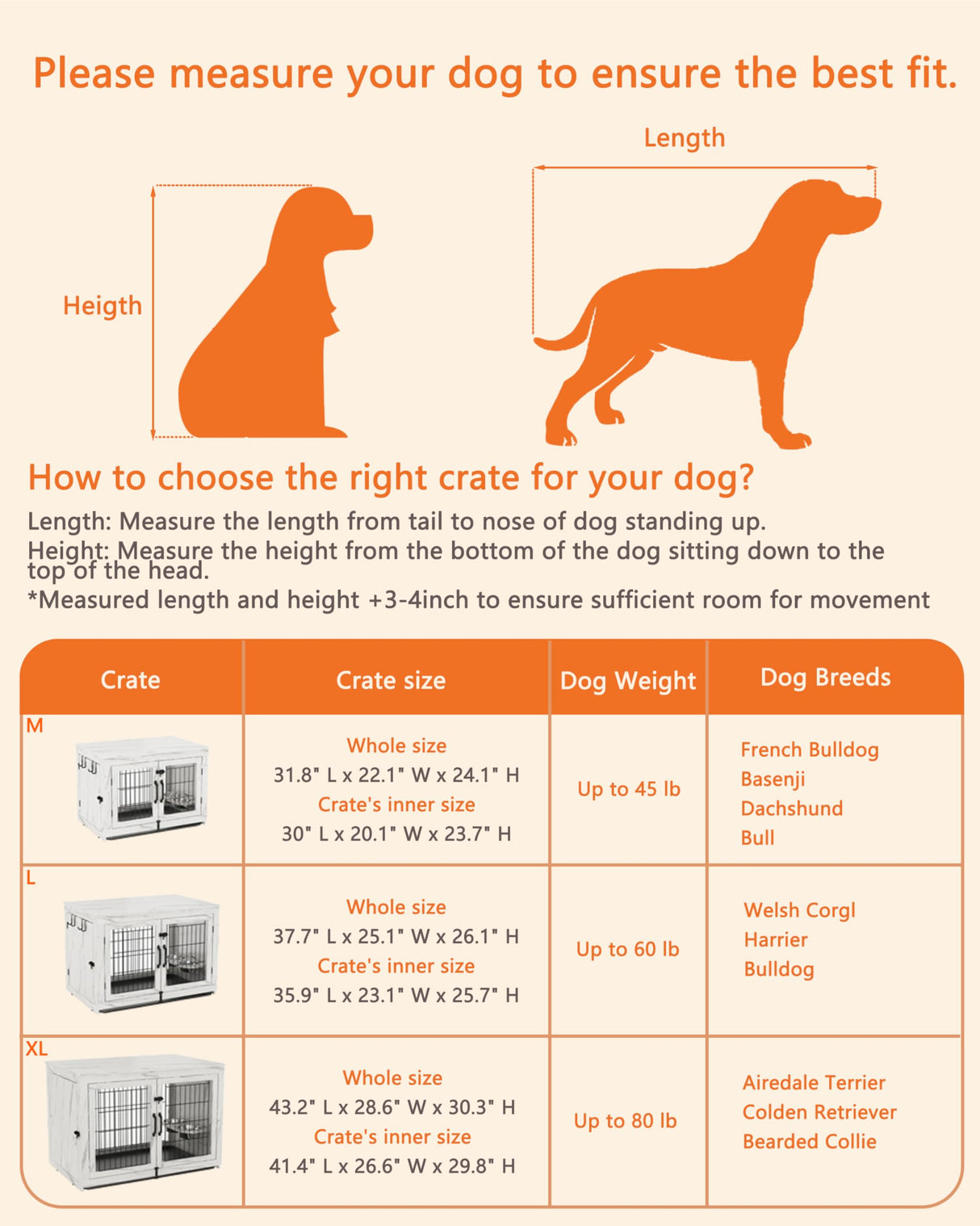 Piskyet Wooden Dog Crate Furniture with 360°Rotatable Removable Dog Bowls, Dog Crate End Table with Tray, Double Doors Dog Kennels forDogs(L:37.7" L*25.1" W*26.1" H, Marble White) Piskyet