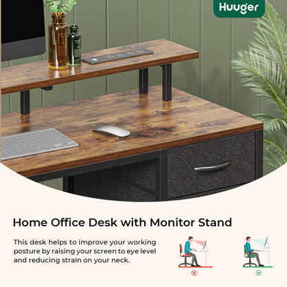 Huuger 47 inch Computer Desk with 4 Drawers, Gaming Desk with LED Lights & Power Outlets, Home Office Desk with Large Storage Space for Bedroom, Work from Home, Rustic Brown7061ZC
