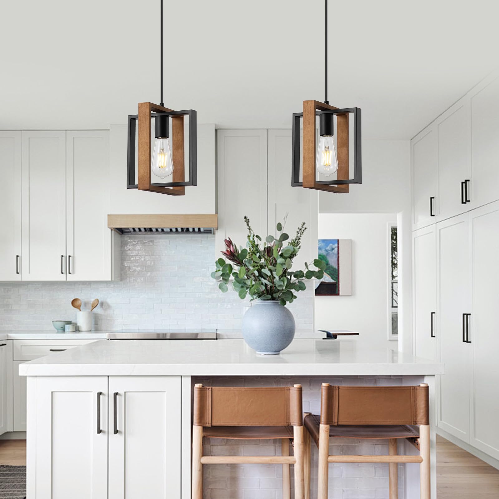 9MMML Wood Pendant Light Kitchen Island Set of 2, Farmhouse Hanging Lamp with 62'' Height Adjustable Cord, Small Ceiling Pendant Light Fixture for Dining Room, Entryway, Foyer(E26 Bulb Base) - WoodArtSupply