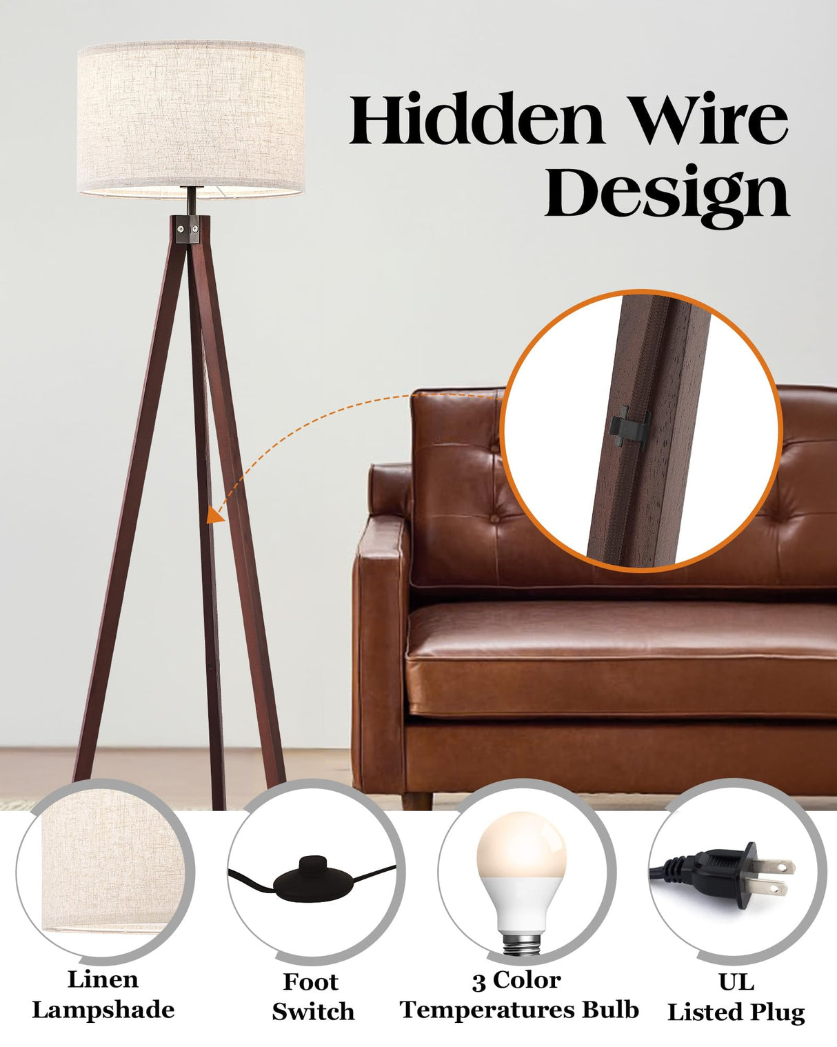 ELYONA Wood Tripod Floor Lamp, Mid Century Modern Reading Standing Light, Tall Studying Light with 3 Color Temperatures LED Bulb & Nature Linen Shade for Farmhouse Living Room Bedroom Office, Walnut ELYONA