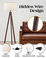 ELYONA Wood Tripod Floor Lamp, Mid Century Modern Reading Standing Light, Tall Studying Light with 3 Color Temperatures LED Bulb & Nature Linen Shade for Farmhouse Living Room Bedroom Office, Walnut ELYONA