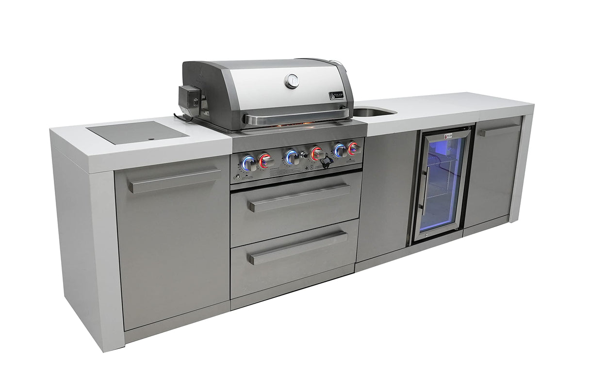 Mont Alpi MAi400-DBEV 32-inch 4 Burner 78000 BTU Deluxe Stainless Steel Modular Outdoor Kitchen Island Barbecue Grill with Beverage Center + Granite Countertops & Sides + Rotisserie and Grill Cover Mont Alpi