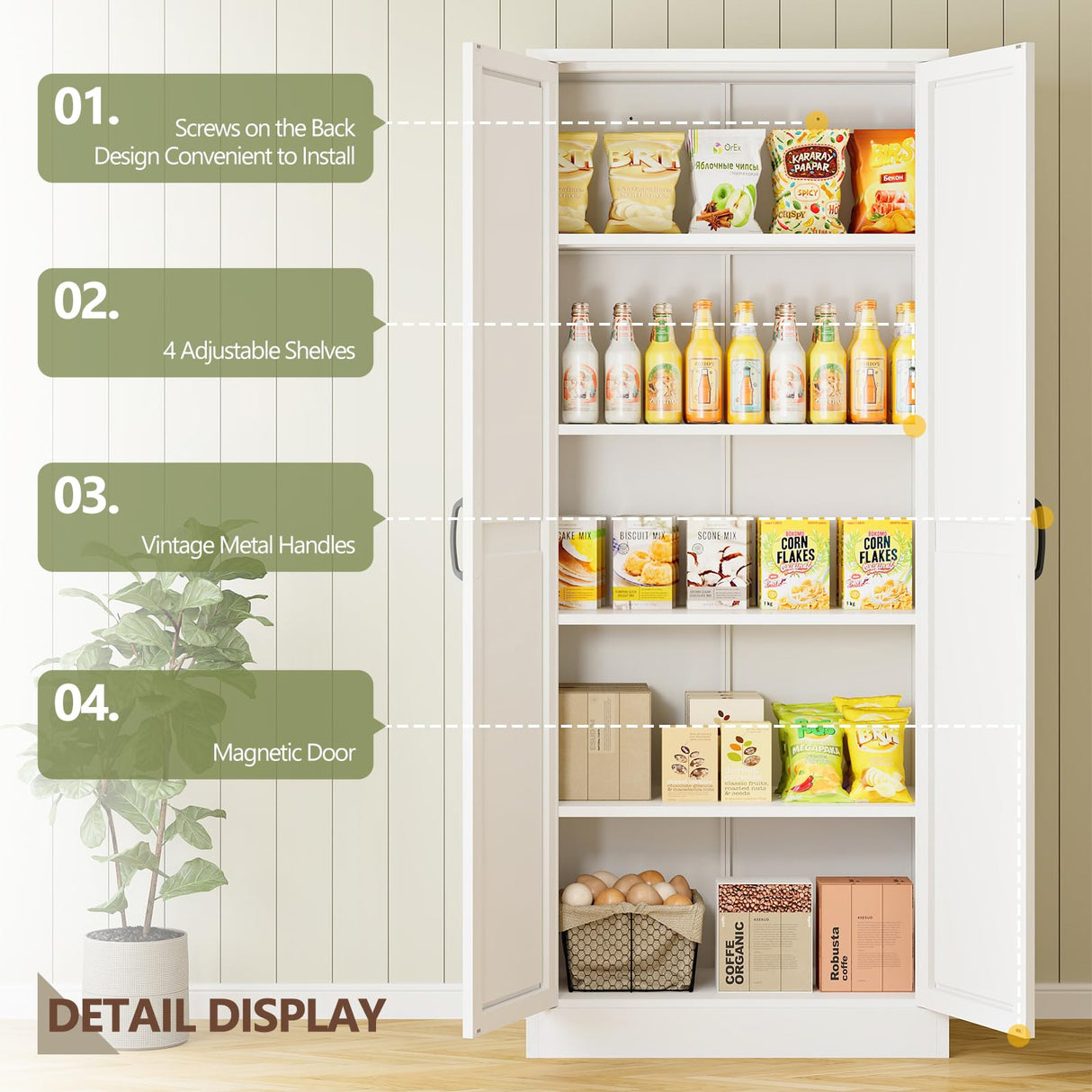 RAVIGIN Farmhouse Storage Cabinet,75" H Metal Pantry Cabinet with Barn Doors and Adjustable Shelves,75" H 6-Tier Rustic Pantry Organizers for Kitchen,Dining Room,White RAVIGIN