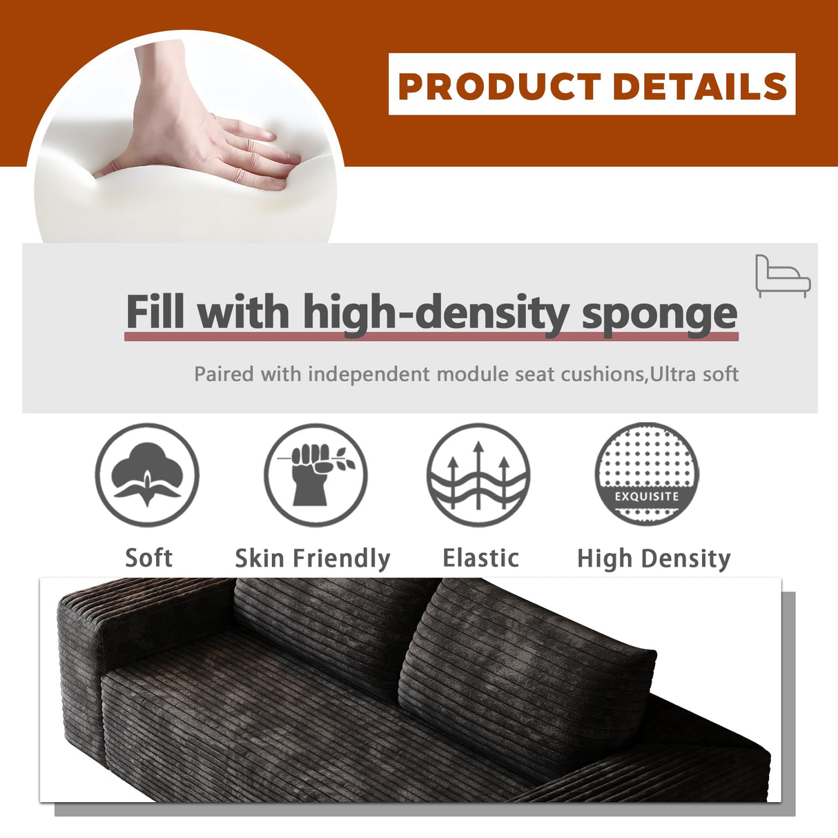 63" Cloud Loveseat Sofa - Boneless Deep Seat 2-Seater, No Assembly Foam Floor Couch, Plush Corduroy Fabric, Modern Living Room Sofa for Small Space Apartment, Bedroom, Office (Black, 63") Klwenas Maec