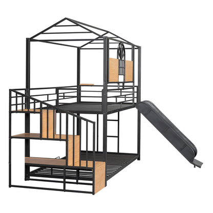 Merax Twin Over Twin Metal Bunk Bed, Metal House Bed with Slide and Storage Stair, Black Bed Frame with Black Slide