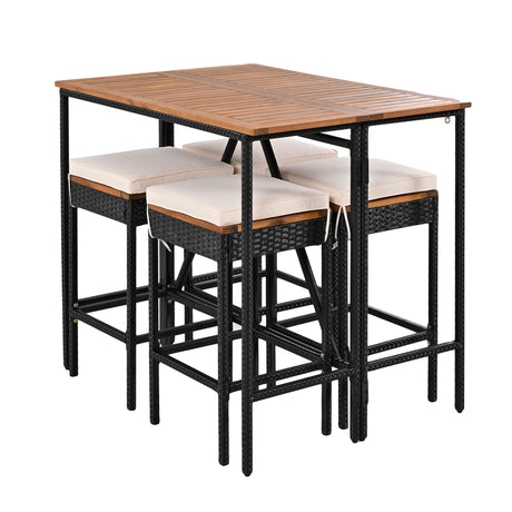5-Piece VilroCaz Outdoor Acacia Wood & Wicker Counter Height Dining Set with Cushioned Stools VilroCaz
