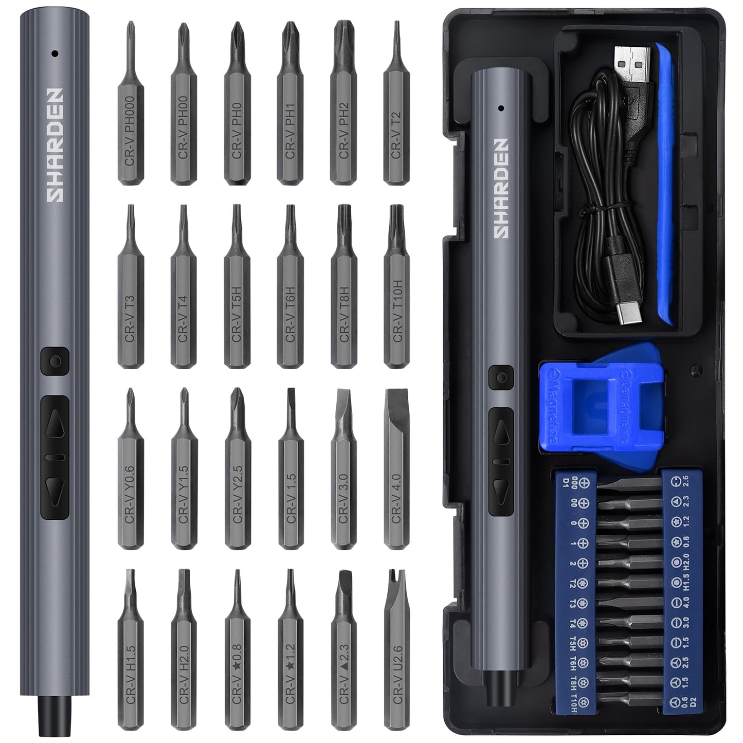 SHARDEN Mini Electric Screwdriver,29 in 1 Small Electric Screwdriver Kit with 24 Magnetic Bits,Precision Screwdriver Cordless Repair Tool for Phone Camera Laptop Watch - WoodArtSupply