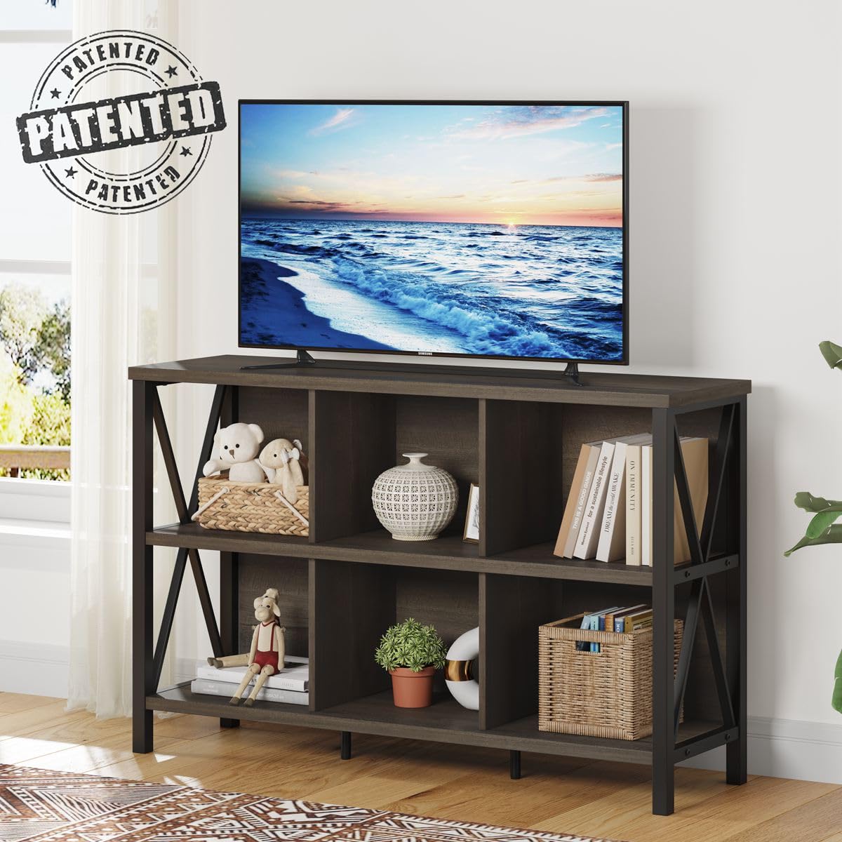 FATORRI Rustic 6 Cube Storage Organizer with Shelf, Wood and Metal Cubby Bookcase, Industrial Horizontal Bookshelf (Walnut Brown, 47 Inch) FATORRI