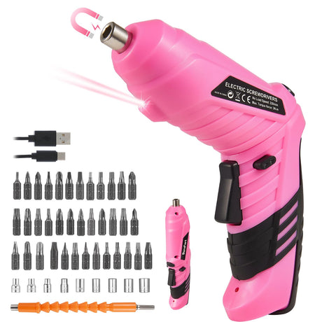 Durofort Pink Cordless Electric Screwdriver Set, 3.7V Rechargeable Small Electric Drill with 48pcs Driver Bit Set, Power 3Nm Screw Gun with 2 Position Handle, Flexible Shaft LED Light for Women DuroFort