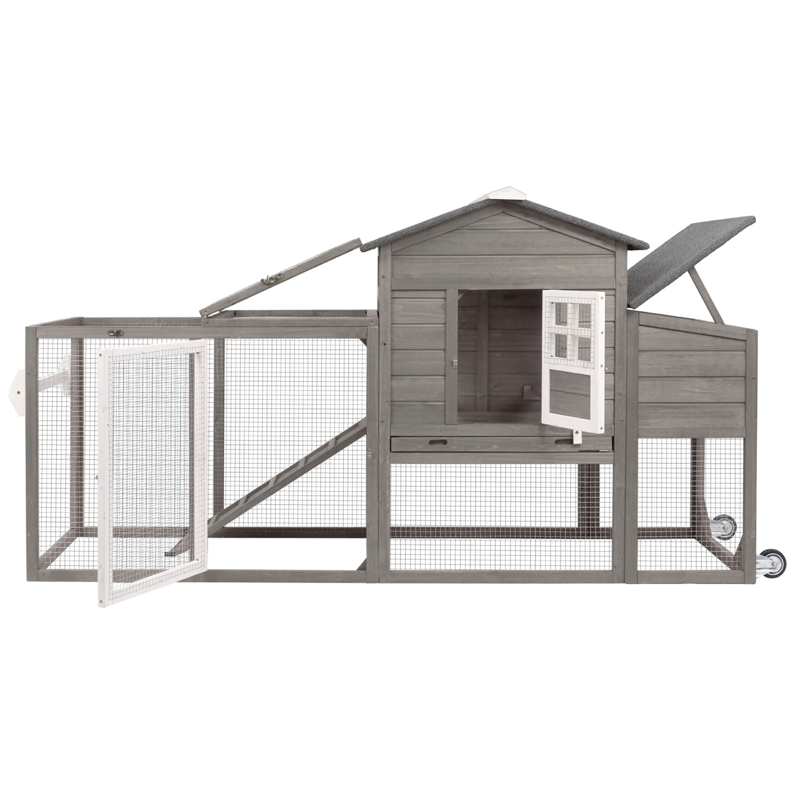 Gowoodhut Chicken Coop Solid Wood with Large Run Cage 2 Stories - Asphalt Roof, Nest Box, Pu Wheels, Expandable Solid Wood Cage - WoodArtSupply