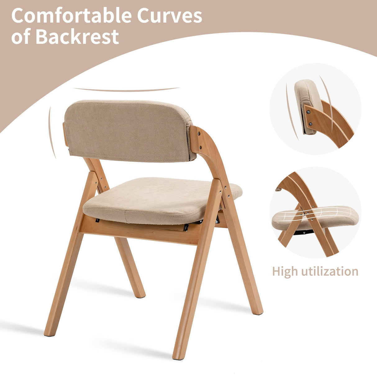 HOMEFUN Folding Chairs with Padded Seats, Wooden Stackable Dining Chairs Set of 2 with Removable Cover Folding Extra Chair for Guests Kitchen Office Wedding Party Picnic, Khaki HOMEFUN