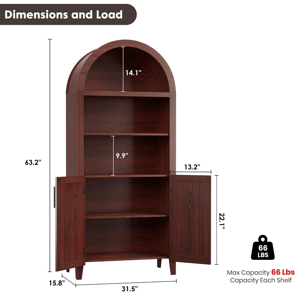 GarveeHome Arched Bookcase with Doors - 5-Tier Open Display Shelf, Modern Bookshelf Storage Cabinet for Home Office Living Room Library, Walnut GarveeHome