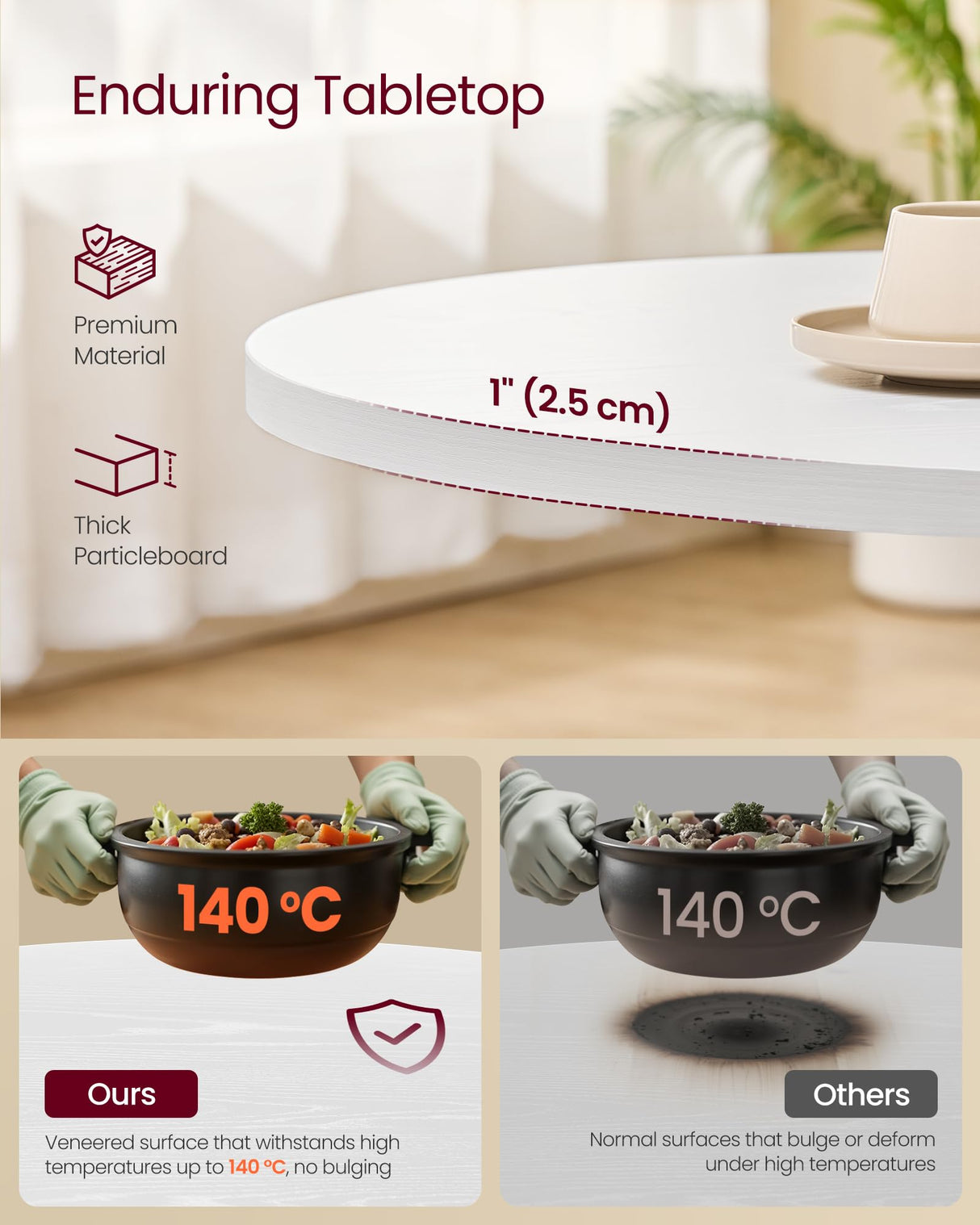 VASAGLE Dining Table, Small Round Kitchen Table for 4 People, 31.5 x 29.4 Inches, for Dining Room, Living Room, Farmhouse, Water-Resistant, Snow White UKDT082W01V1 VASAGLE