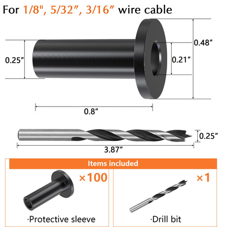 Steel DN Mate 100 Pack Stainless Steel Protector Sleeves for 1/8”, 5/32", 3/16" Wire Rope Cable, Black Cable Railing Kit Hardware for Wood Post, T316 Marine Grade DB11 Steel DN Mate