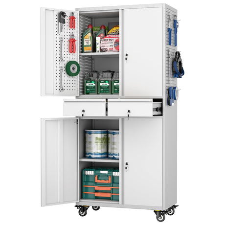 GangMei Metal Garage Storage Cabinet with Locking Doors and 2 Adjustable Shelves, Rolling Tool Storage Cabinet with 4 Wheels and 2 Drawer for Garage, Warehouse, White and Gray, Assembly Required GangMei