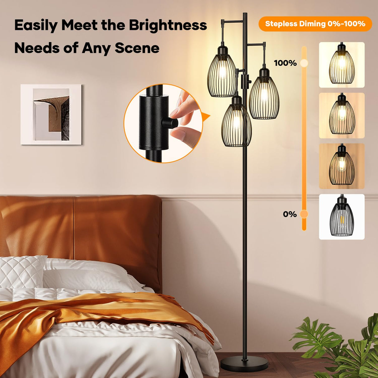 Dimmable Floor Lamp, 3 x 800LM LED Edison Bulbs Included, Farmhouse Industrial Floor Lamp Standing Tree Lamp with Elegant Teardrop Cage Tall Lamps for Living Room Bedroom Office Dining Room-Black Nintiue